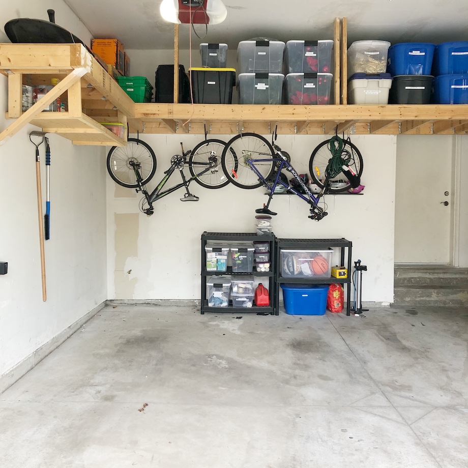 camping bins organized in the garage