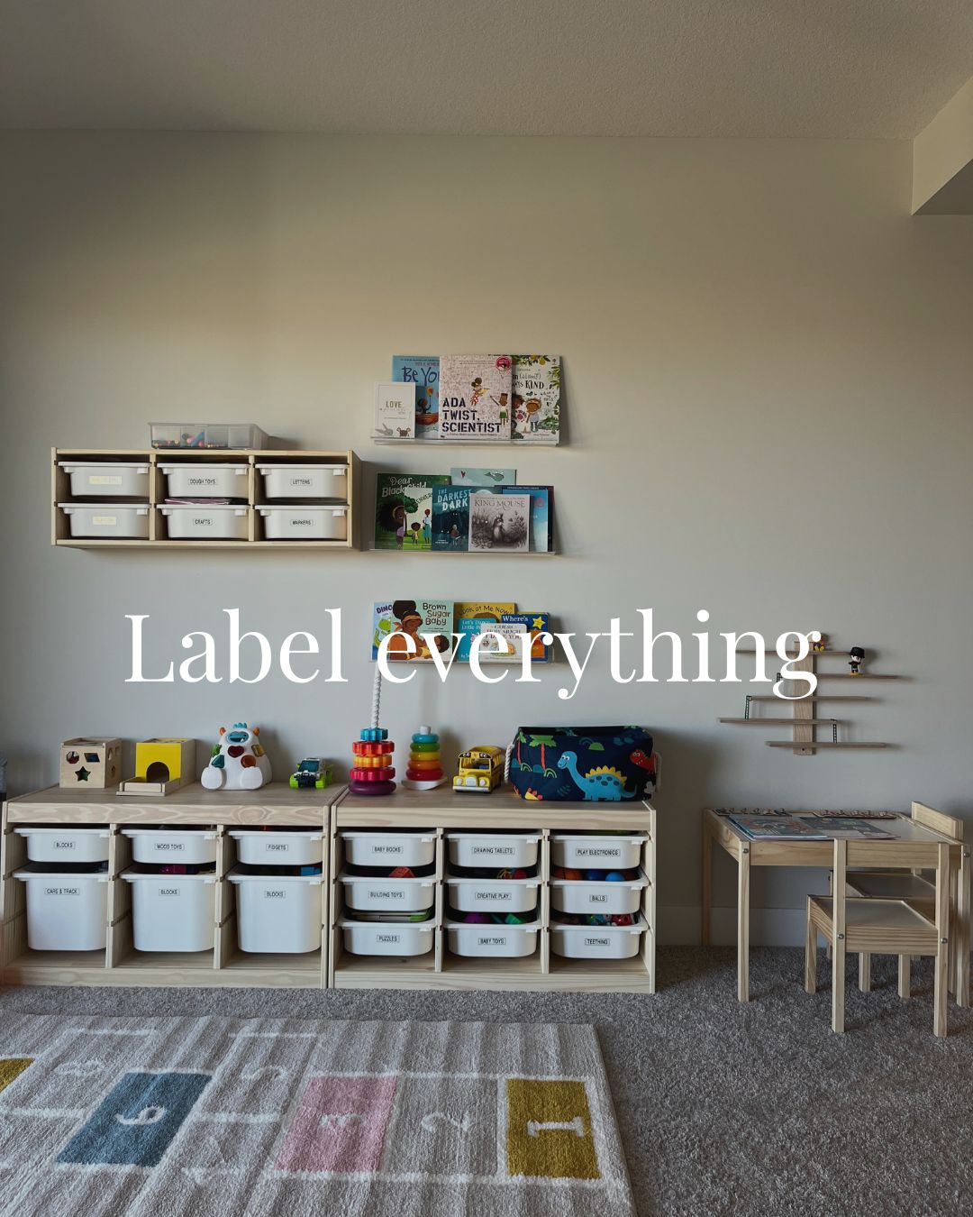 Organized playroom in Mahogany, Calgary with labeled bins for toys and craft supplise.