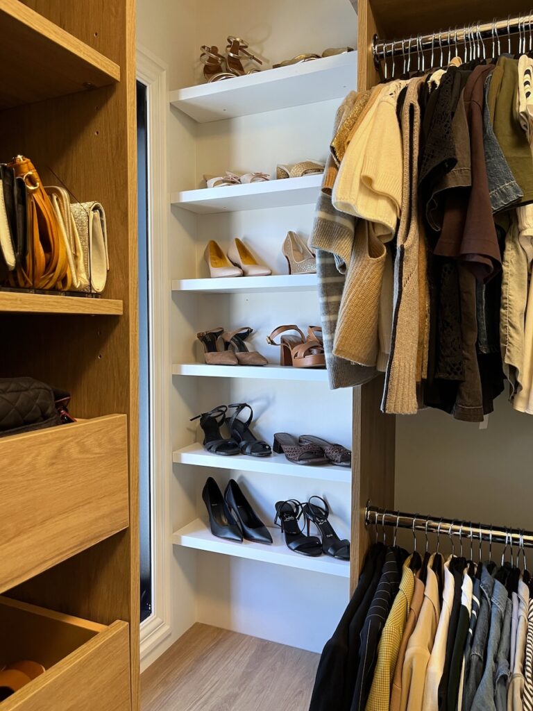 Shoes display in walk in closet in Oakridge area in Calgary