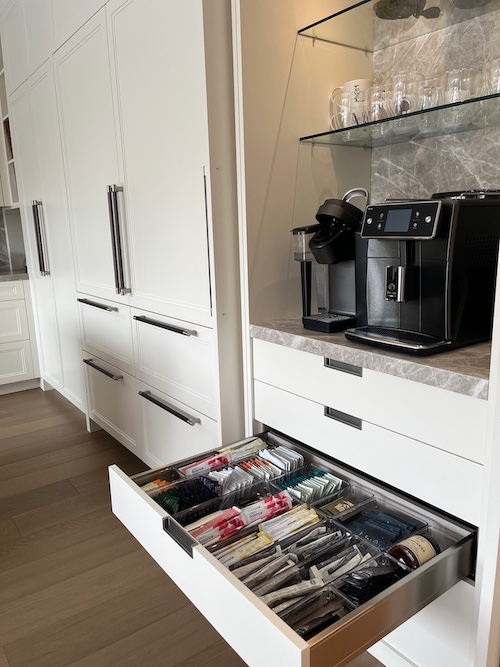 ADHD Organizing kitchen coffee station with clear dividers in Aspen Woods